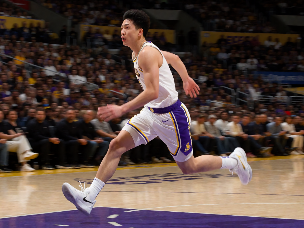NBA季后赛激烈对抗，湖人队突破上篮瞬间